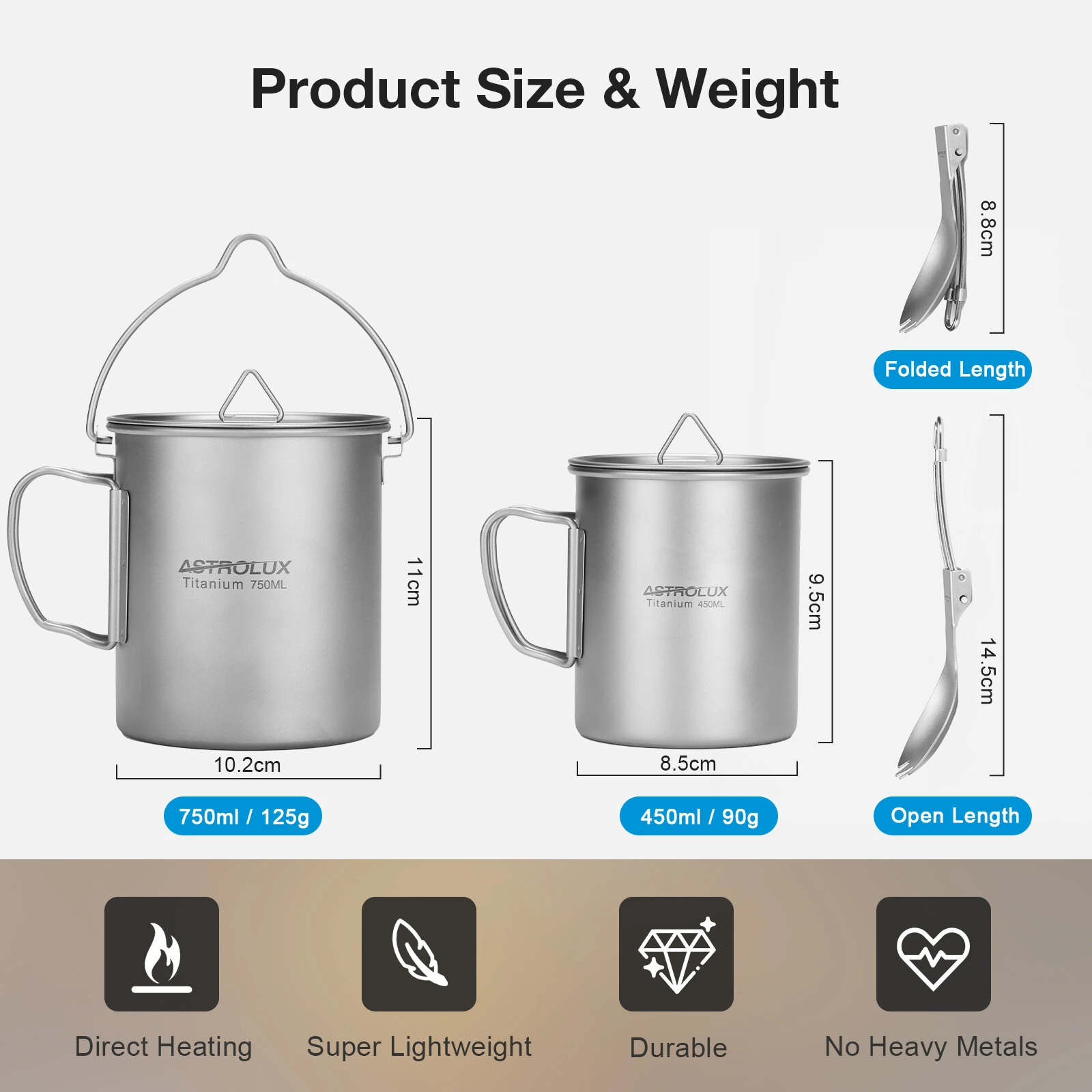 (image for) Astrolux&reg; Ti-M1 Titanium Mug Titanium Pot Lightweight Camping Pot Titanium Cup Titanium Backpacking Pot with Portable Foldable Handles for Outdoor Camping Hiking Backpacking